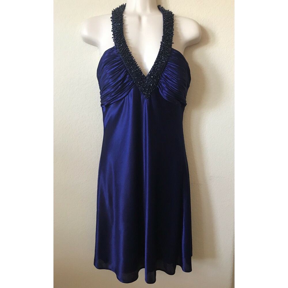 Morgan & Co Halter V Neck Plunge Beaded Trim Ruched Sleeveless Dress Size M